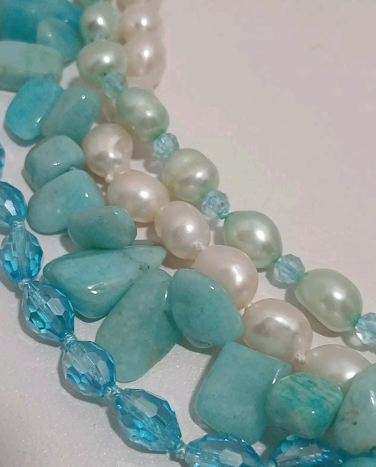 Collar Multi Hilo Piedra Natural Perla Cultivada Cristal Azul Cuentas Foto 2 de 4