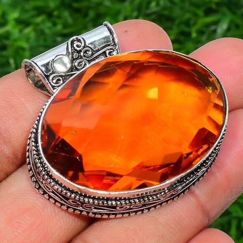 Yellow Citrine Gemstone Handmade 925 Sterling Silver Jewelry Pendant Sz-2.2''