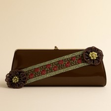 Vintage 1960s Brown Patent Leather Clutch   Ribbon  Floral Appliqu  Evening Bag