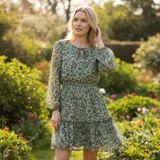 Ann Taylor Factory Tiered Dress Womens 16P Green Blue Floral Chiffon Long Sleeve