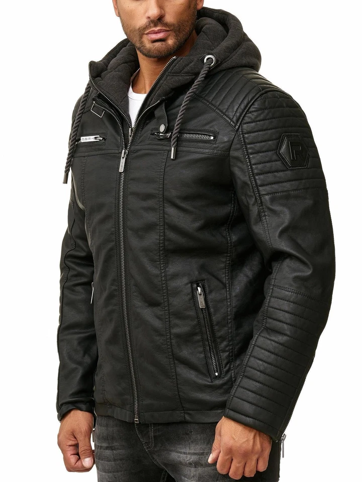 Redbridge Herren Jacke Kunst- Lederjacke Bikerjacke Übergangsjacke Kapuze M6013H - Bild 2 von 4