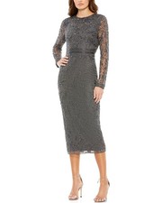 Mac Duggal Beaded Tea Length Sheath With Sheer Sleeves Women's