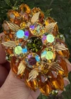 vintage Orange Green Open back Rhinestone brooch pin costume jewelry