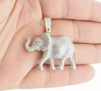 3.00 Ct Round Cut Real Moissanite Elephant Charm Pendant 14KYellow Gold Plated