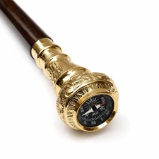 Carved Wooden Walking Stick with Brass Compass Handle, 3 Piece Design