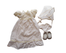 Vintage White Yellow Lace Ruffle Nightgown Doll Dress with Shoes Underwear
