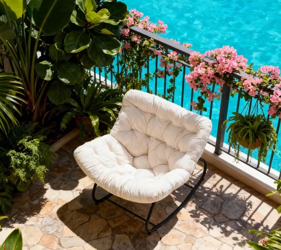 Garden Outdoor Rocking Chair Large Metal Frame Thick Padding Cream White - Image 2 of 4