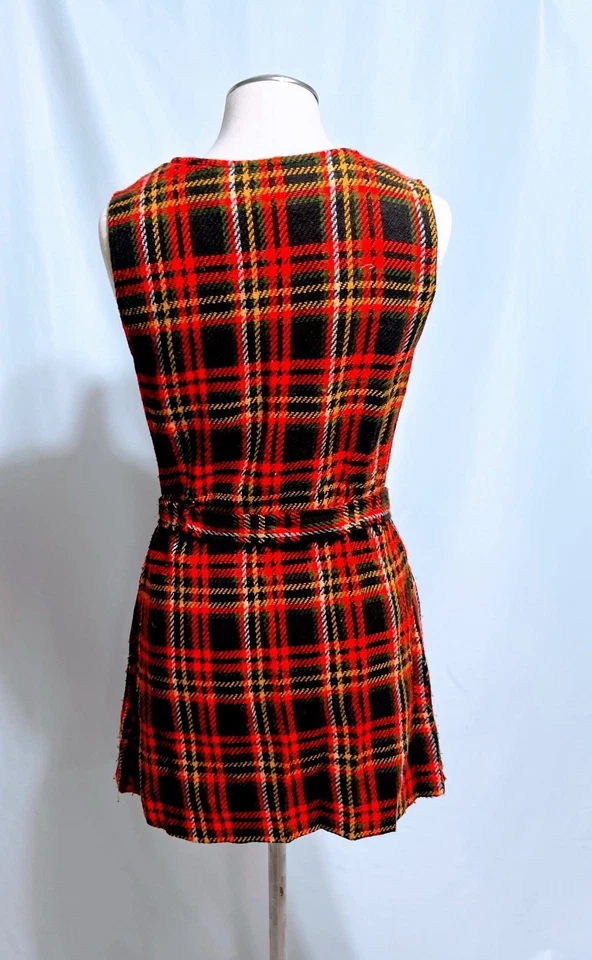 Handmade 60s 70s Vintage Wool Dress Belted Strapless Plaid Red Orange Rare Find - Image 2 of 4