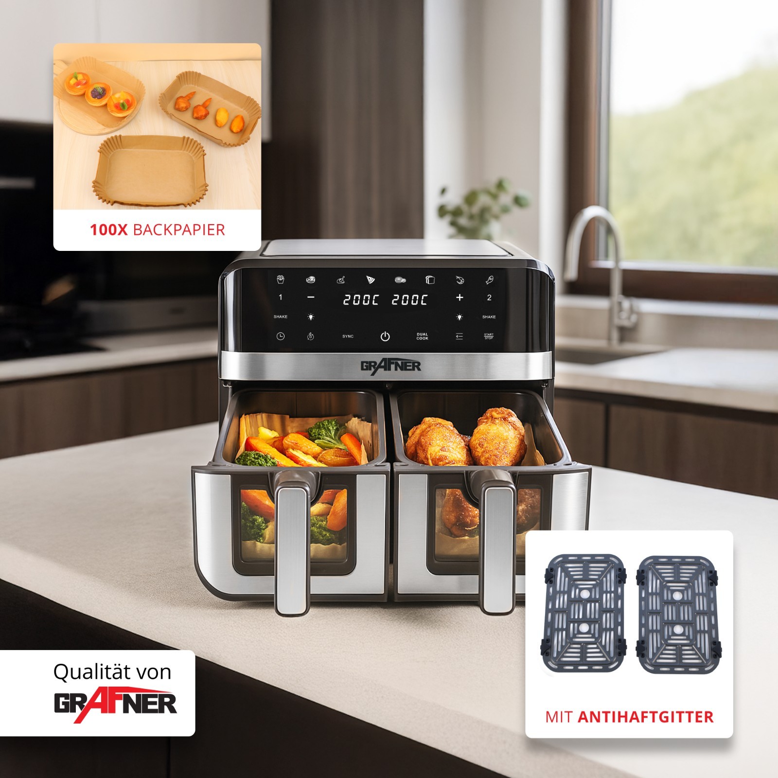 Grafner Heißluftfritteuse Doppel Fritteuse Heißluft Airfryer 2400W 9L digital
