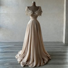 Luxury Champagne Evening Dresses Off The Shoulder A-Line Elegant Prom Gowns
