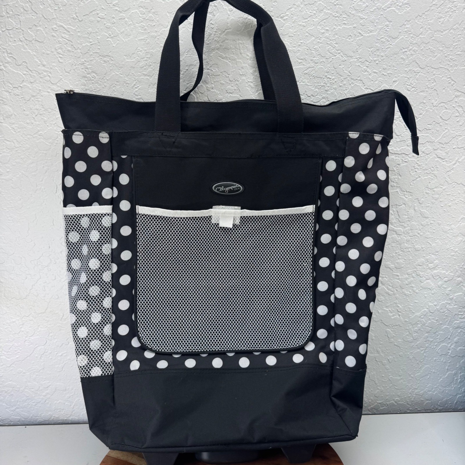 Olympia USA Rolling Shopper Tote Bag B&W Polka Dot Wheeled Travel Carry On