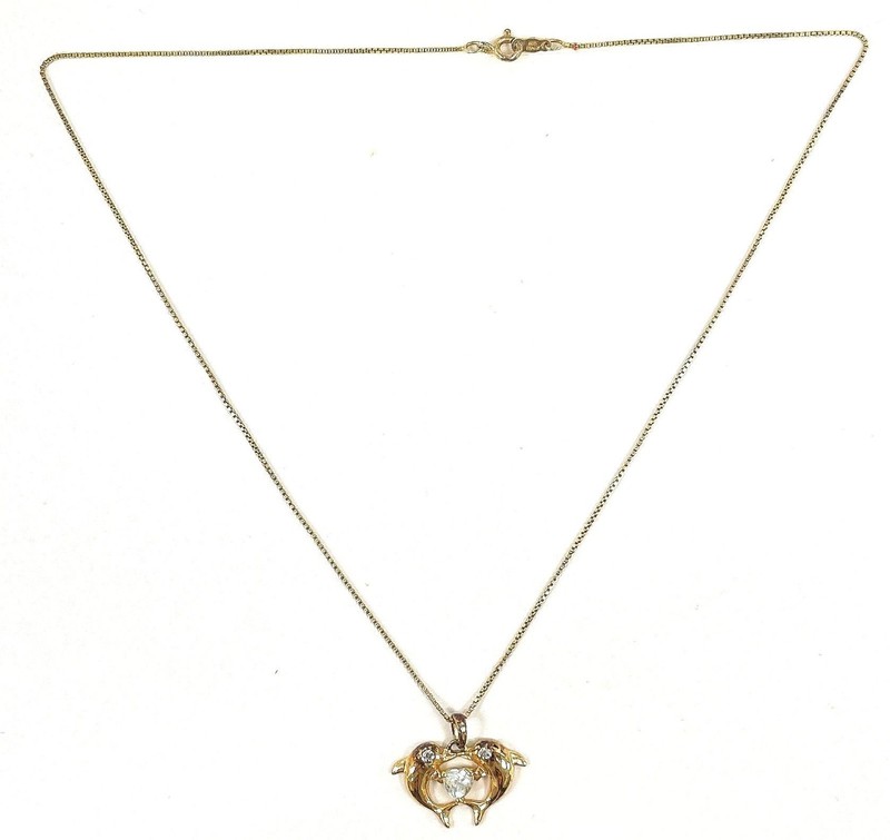 925 Sterling Vermeil White Topaz Dolphin Pendant Necklace 3.9g