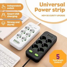Six-Outlet Extension Socket with USB Ports, 196.85 in Cable, Universal Plug