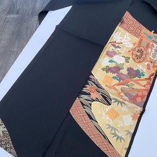 Heian Eset 3.5yd LONG Hand Painted Tomesode Black Silk Kimono Fabric ToF86