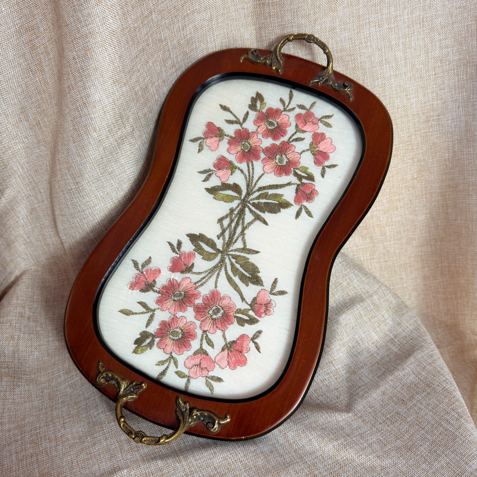 Vintage Floral Embroidered Wooden Tray Ornate Brass Handles Granny Chic 33cm