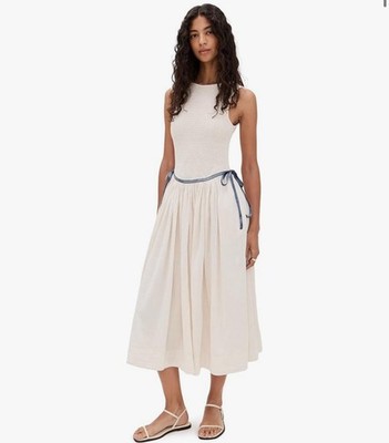 Free People Nightingale Seersucker Midi Dress Tea Navy Combo Ivory Small  Boho | eBay