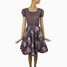 70s Square Dance Co Vintage Brown Quilted Floral Puff Sleeve full skirt Dress