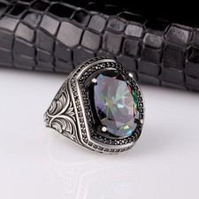 Mystic Topaz Stone 925 Sterling Silver Men's Ring Turkish Handmade Jewelry