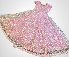 XL Pink Indian Anarkali Gown Heavily Embroidered Floral Net Tulle Prom Dress