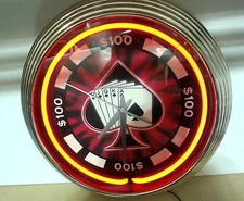 VTG Poker Royal Flush Cards wall Clock with Neon RED ring, Neonetics 15" ManCave