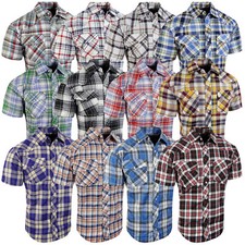 Western Plaid Shirt Short Sleeve Casual Men Pearl Snap Up Flap Pockets UP TO 4XL