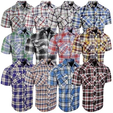Western Plaid Shirt Short Sleeve Casual Men Pearl Snap Up Flap Pockets UP TO 4XL