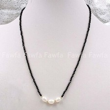 3mm Faceted Round Black Spinel Gems 7-8mm White Akoya Rice Pearl Necklace 18''