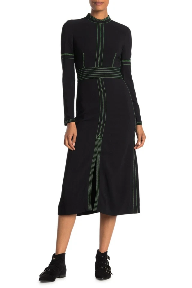 Vestido BURBERRY LONDON Negro Verde Neón Cosido BRANWEN Cuello Simulado 2 EE. UU. UK4 36 Foto 4 de 4
