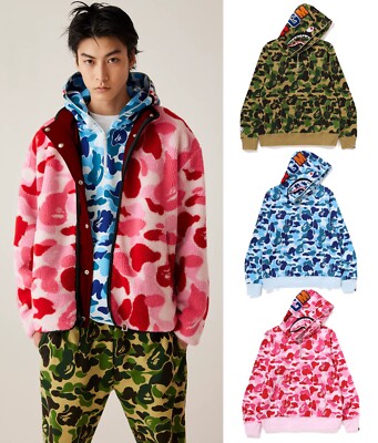 A BATHNIG APE Men's ABC CAMO SHARK HALF ZIP PULLOVER HOODIE