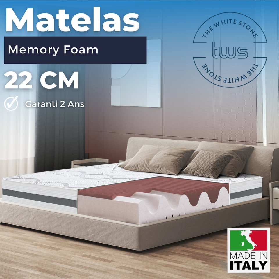 THE WHITE STONE Matelas 22cm en mousse à mémoire de forme | Ergonomique | hypoallergénique