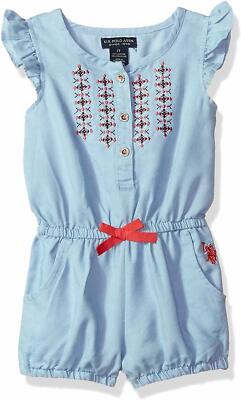 Polo Girls' Toddler Romper, Embro Placket Flutter Sleeve Ice  Wash