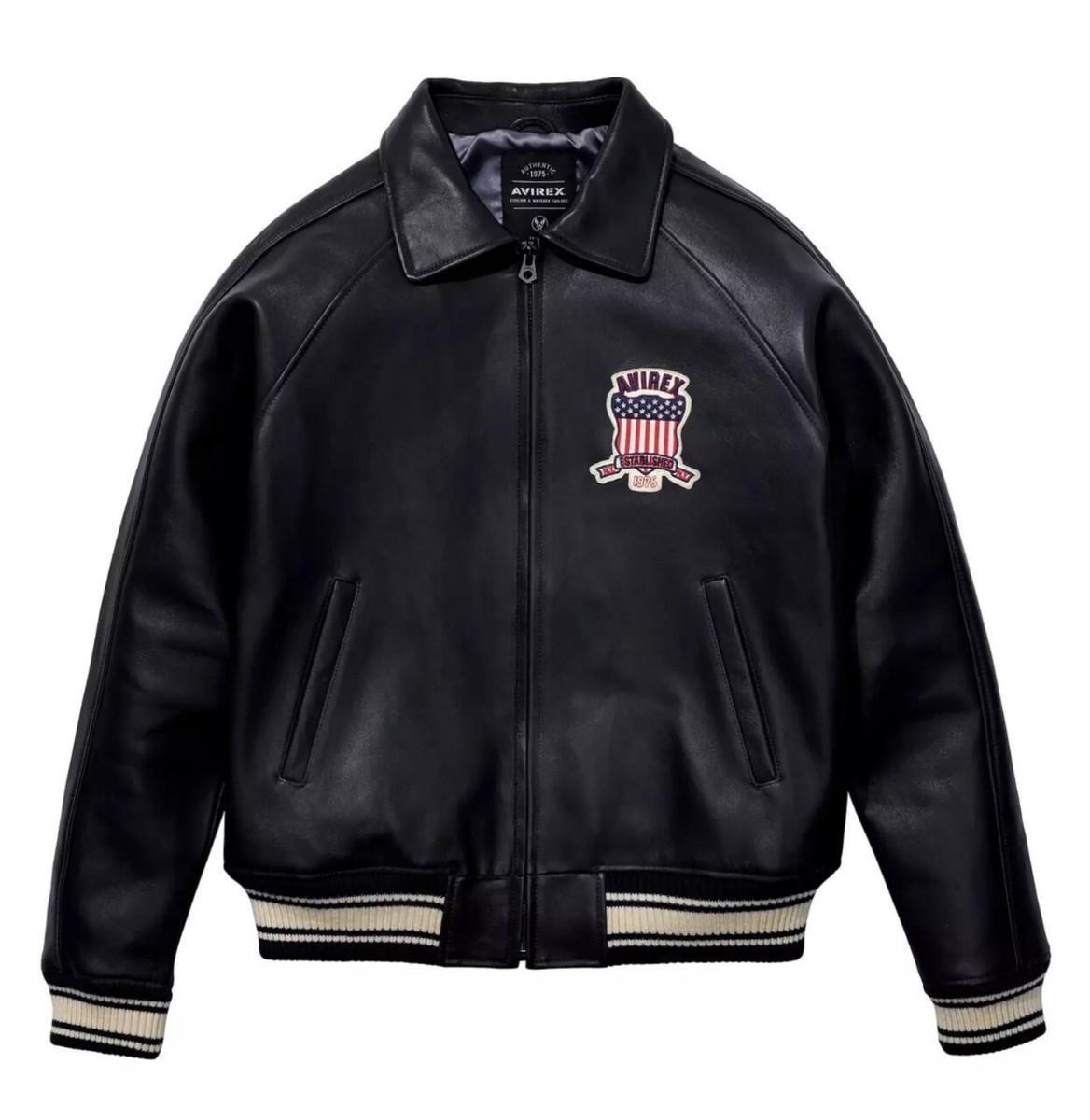 Men's Avirex Real Leather Flight Jacket - Black Bomber American