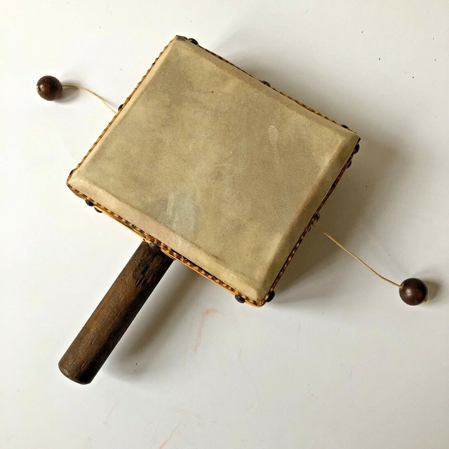 Drum Double Sided Hand Carved Rawhide Wood Noise Maker Instrument Den