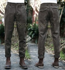 Mens Tweed Trousers Vintage Herringbone Checks Casual Slim Fit Pants Trousers