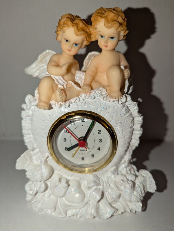 Prestige Ceramic Cherub Angel Clock Figurine Religious Quartz(Very Good) See Pic
