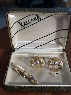 Vintage Allan Cufflinks and Tie Tack in Original Box NOS Musical Note Blue 