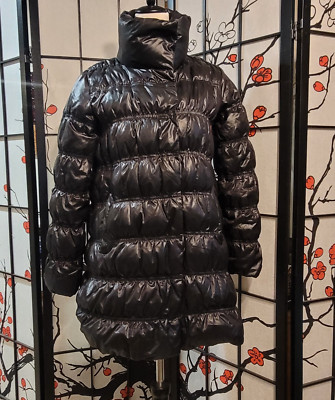 $515 Eileen Fisher Black Goose Down Funnel Neck Puffer Jacket Coat Small Petite
