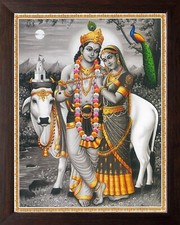 Krishna Et Radha Jouer Avec Flûte His Vache Encadré Peinture Pour Décor Maison