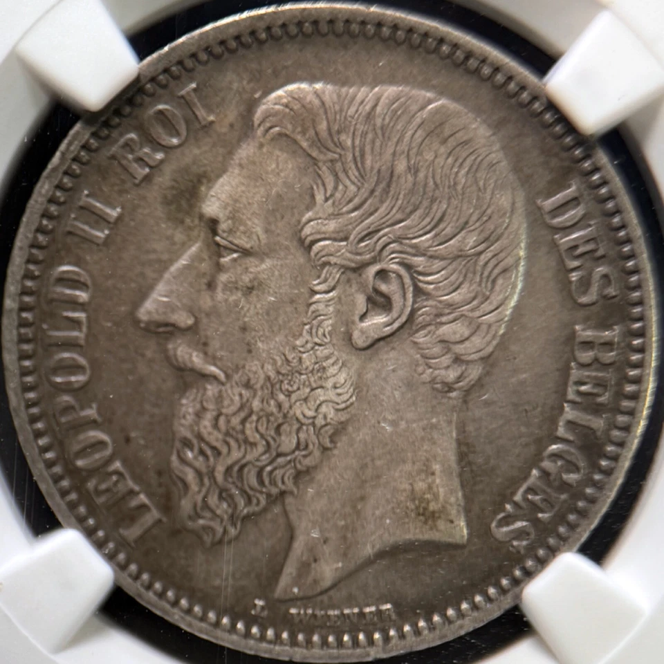 BÉLGICA. 1867, 2 francos, plata - NGC AU50 - Leopoldo II, cruz sobre corona Foto 3 de 4