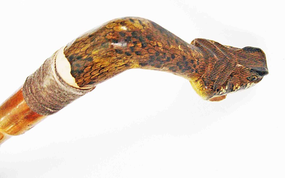 1930s HAND CARVED Wood/ Painted RATTLE SNAKE Head on Bamboo WALKING ...