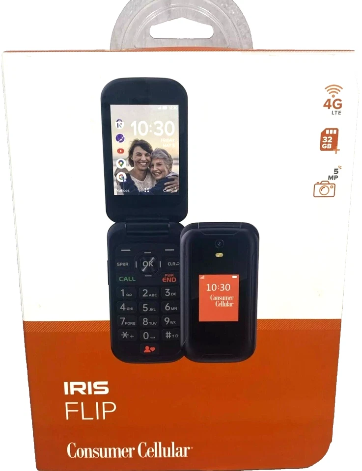 New Sealed Consumer Cellular Iris Flip Phone (8GB) 5.0MP Camera 4G LTE- Black
