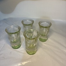 4 Vintage Shot Glasses Etched Grape Vine  Leaves /green Swirl On Bottom