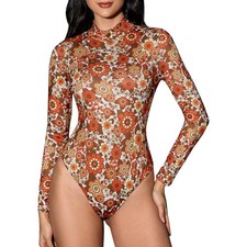 Women's High Neck Long Sleeve Floral Print Bodysuit Leotard Fall costume Small