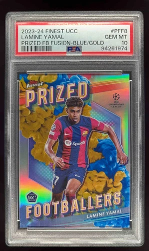 2023 Topps Finest UEFA Prized Footballers Fusion Blue/Gold Lamine Yamal PSA 10