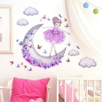 Lovely Purple Moon Girl and Clouds Butterfly Wall Stickers, sacinora a