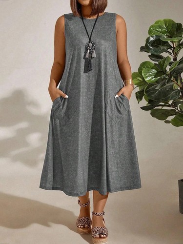 WomenCasual Solid Color Plus Size Round Neck Sleeveless Pocket Dress sz 4XL