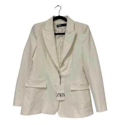 Zara Womens Blazer Jacket Large L White Single Breasted Gold Button 2128/599 NWT