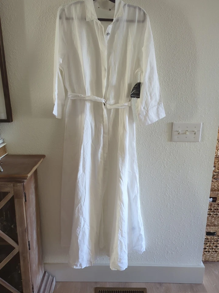 Maxi Camisa Vestido Mediano Boston Proper Blossom Blanco Lino A Medida Manga 3/4 Foto 3 de 4