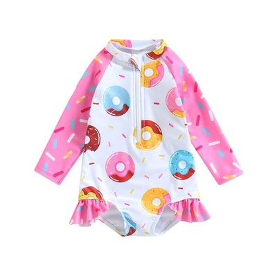Baby Girl Long Sleeve Swimsuit Piece Zipper Rashguard Swimwear Donut Bathing ...