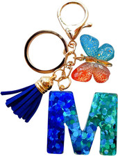 Cute Initial Letter Keychains for Women Girls Tassel Butterfly Pink Purple Green